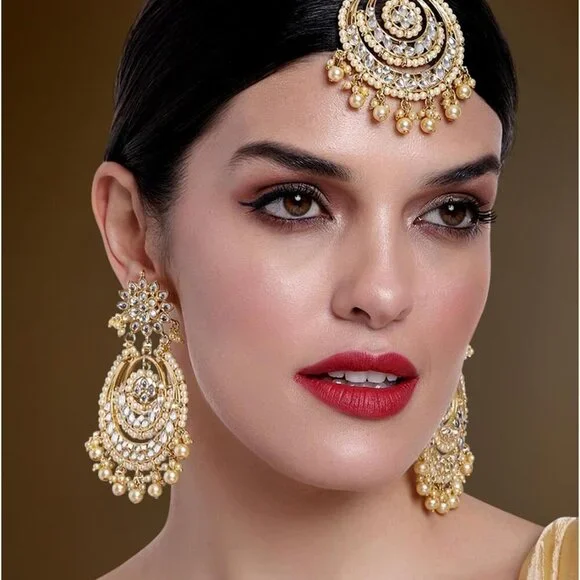 Ethnic Chandbali Earrings Maang Tikka Set Alloy Traditional Jewelry Gift